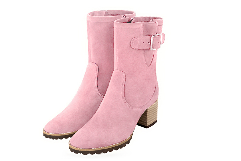 Carnation pink women's ankle boots with buckles on the sides. Round toe. Medium block heels. Front view - Florence KOOIJMAN